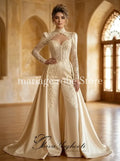 Champagne Arabic Muslim Evening Suit Gown With Overskirt Lace Stain Boning Top Long Sleeve Bespoke Prom Dress Jumpsuit Customize