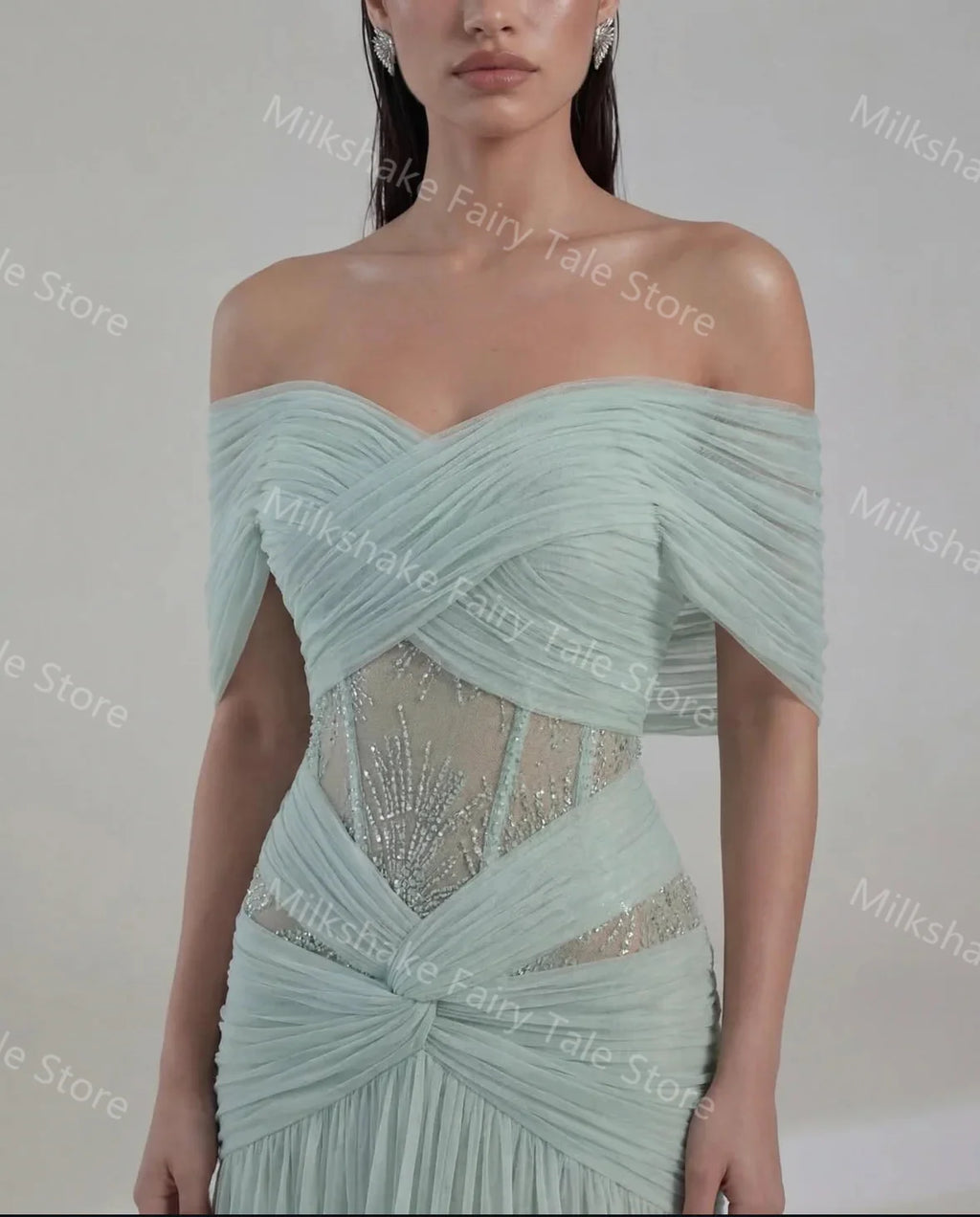 Sage Green A Line Evening Dresses Off Shoulder Lace Soft Chiffon Prom Gowns Floor Length Customized Special Occasion Gowns