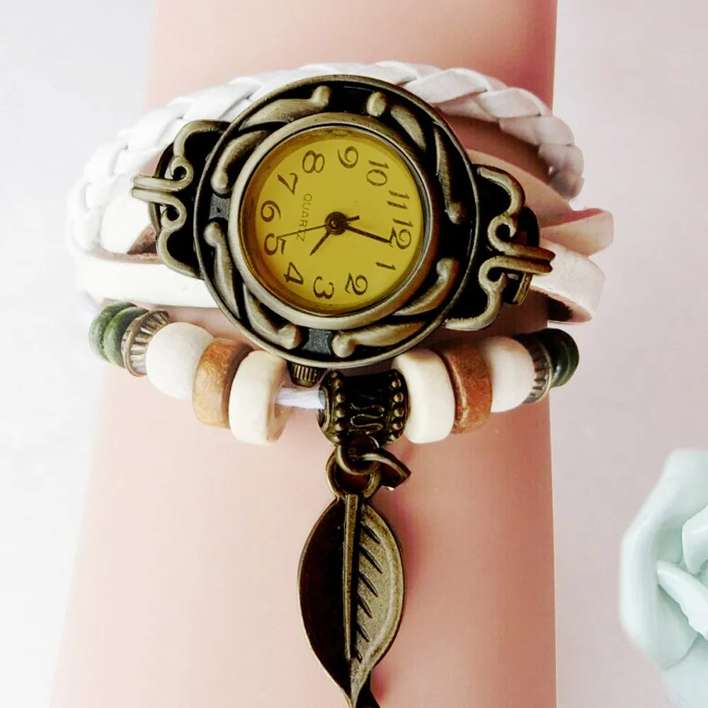 Orologio Bracciale Donna Vintage | Pelle Avvolta Ciondolo Foglia | 6 Colori | uGlam