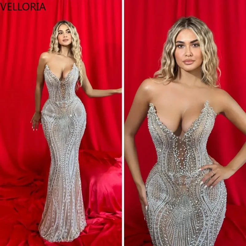 Abito da Sera Sirena con Strass | Scollo Sweetheart Champagne Nude Su Misura