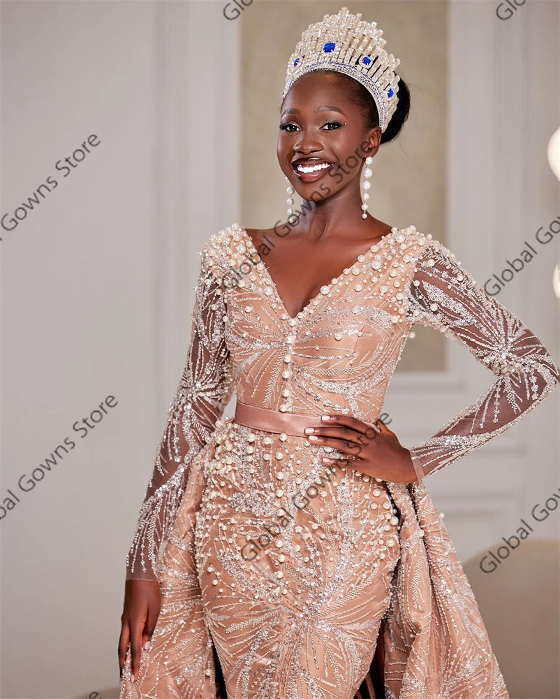 Champagne V N Luxury Middle Eastern Evening Dress Bead Applique Birthday Party Dress Lace Formal Gown Detachable Tail Customized