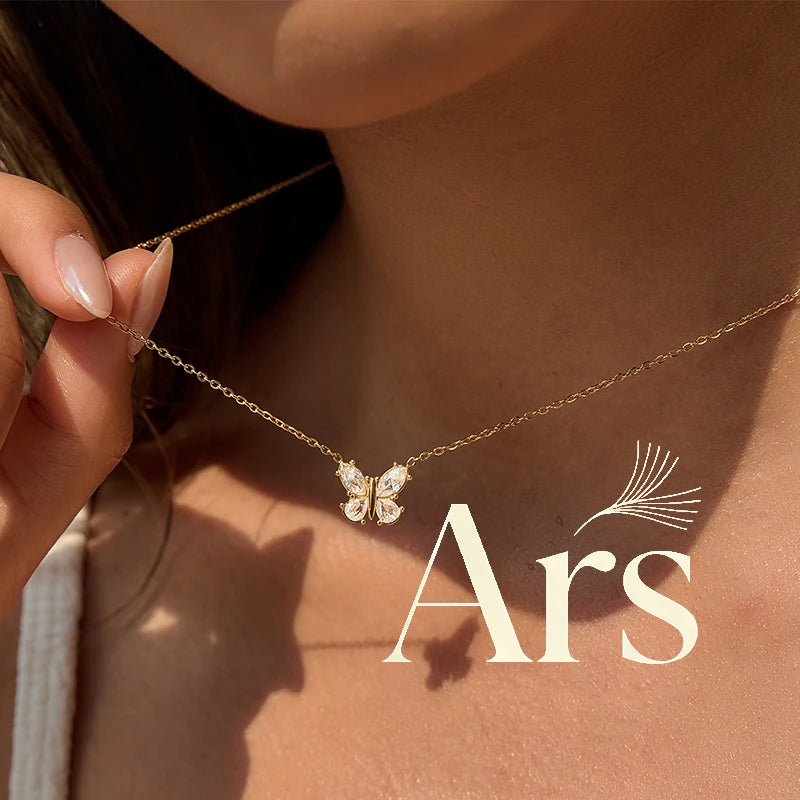 Ars 18k Gold Plated Butterfly Pendant Necklace with Zircon Stainless Steel Thin Chain Necklaces Women's Dainty Choker Necklaces