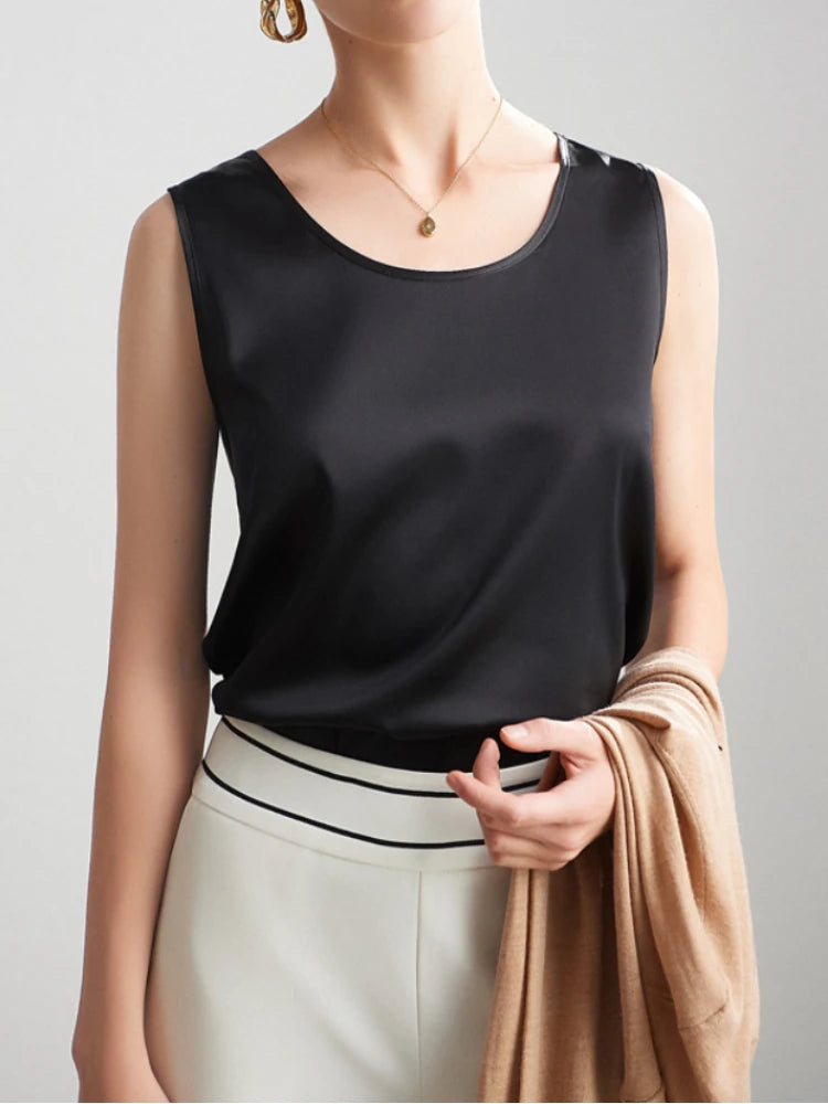 Summer Satin Mulberry Silk Sleeveless Tank Top Champagne Casual Versatile Elegant Vest Loose Fit Women's Fashion 2026
