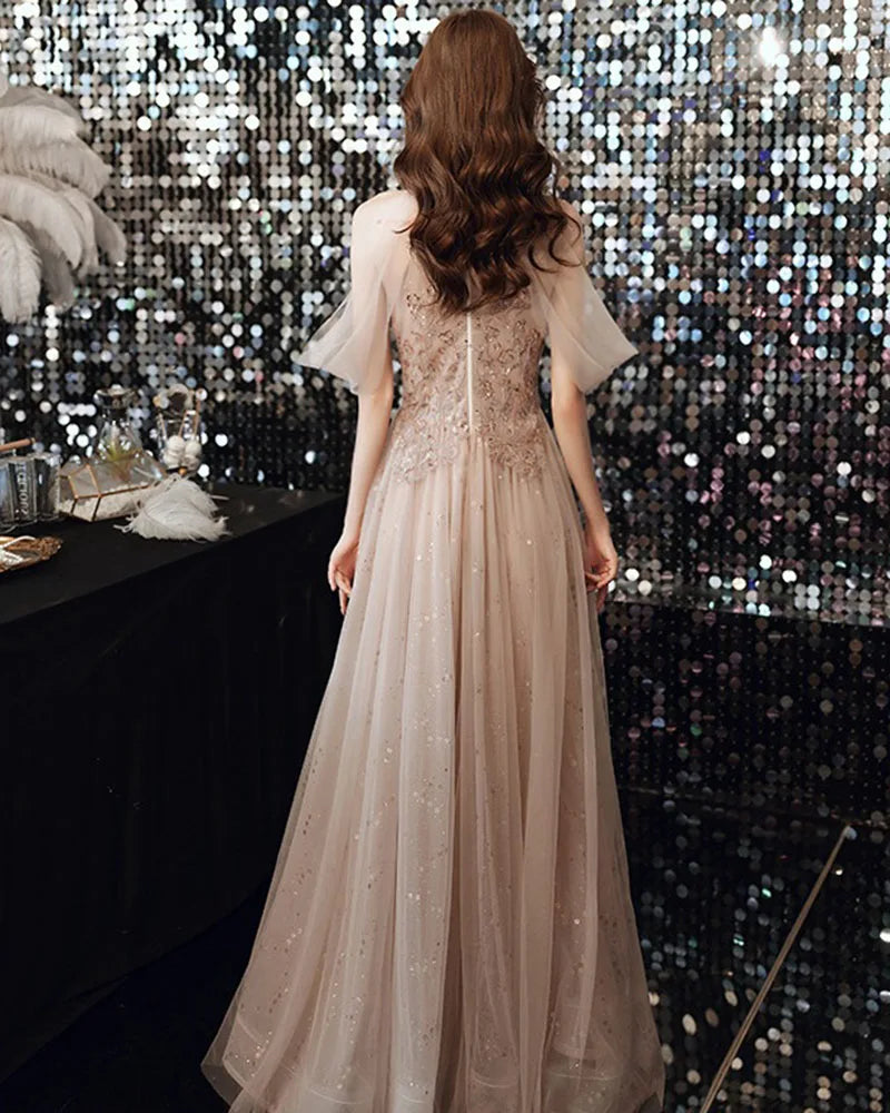 Abito da Sera Elegante con Spalle Scoperte | Champagne e Viola | Quinceañera e Cerimonia