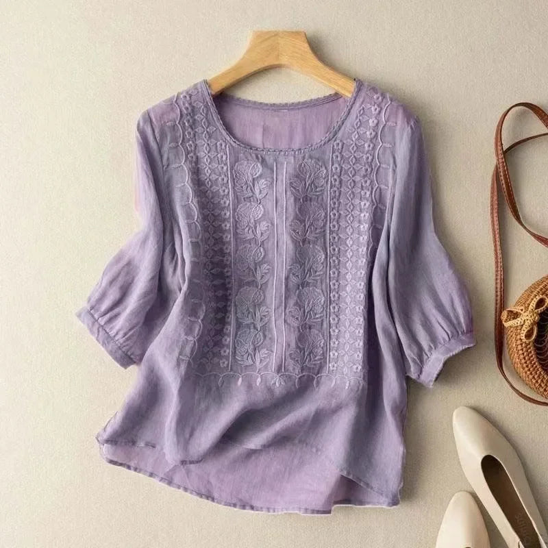 Blusa in Lino Donna – Ricamata Collo Tondo Maniche Corte Casual Estiva