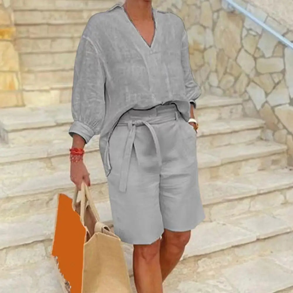 Cotton Linen Women's Two Piece Set Casual V-Neck Half Sleeve Lapel Shirt And Belted Wide Leg Shorts Summer Lounge Set 80%