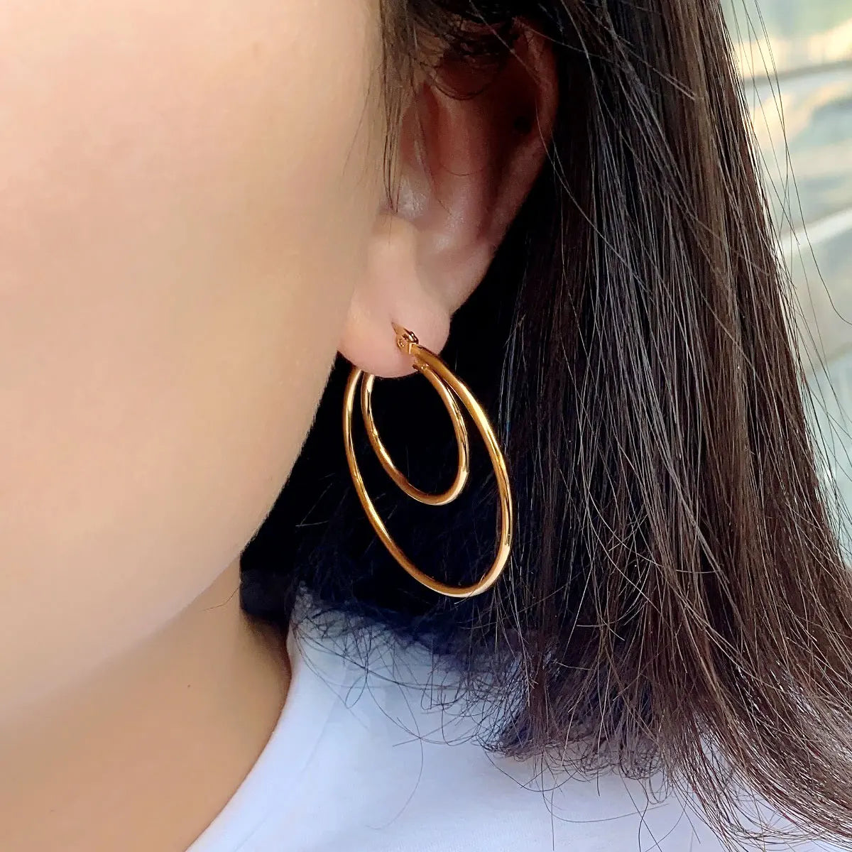 Oversize Statement Gold Plated Hoop Earring Simple Double Circle Stainless Steel Earrings for Women Men Punk Hiphop Jewelry Gift