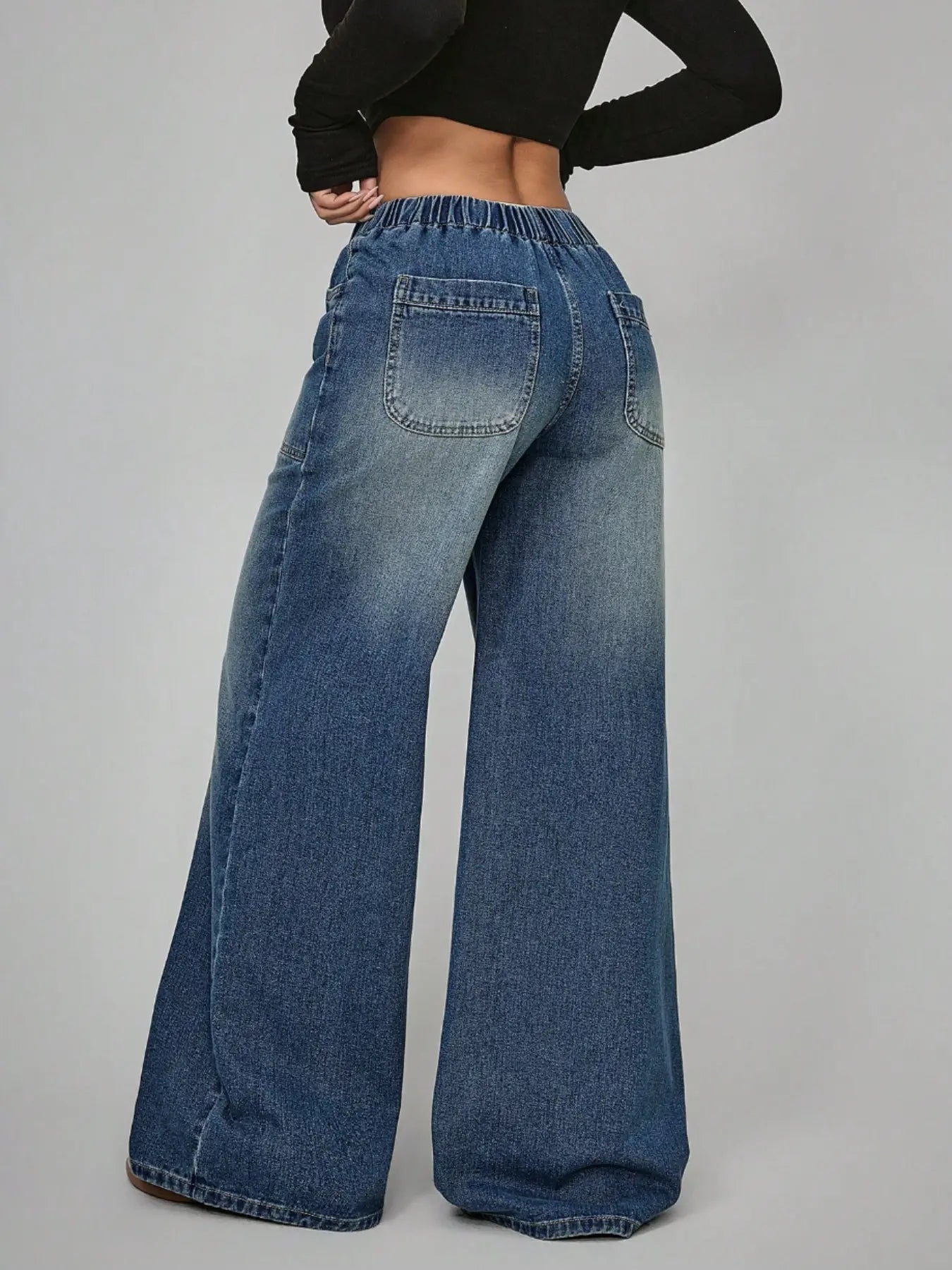 Women'S Elastic Waist Wide Leg Denim Jeans, Perfect Fit for All Body Types, Large Pockets for Practicality and Street Style, Ideal for Daily Streetwear