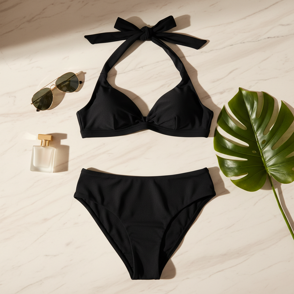 Bikini halter nero flat lay luxury
