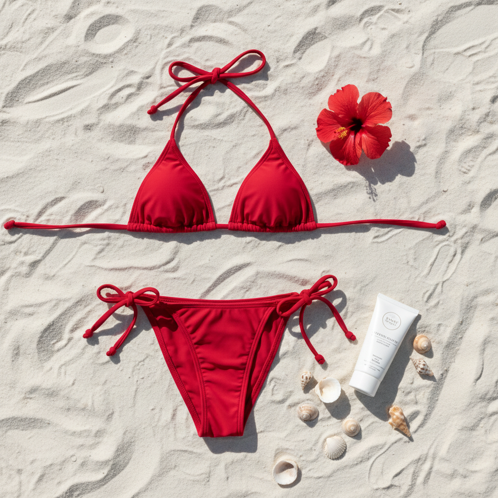 Bikini rosso flat lay
