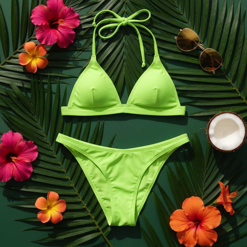 Bikini verde fluo flat lay